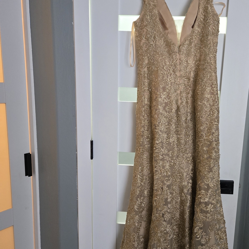 Gold Lace Maxi Evening Dress - Elegant V-Neck - Picture 3 of 12